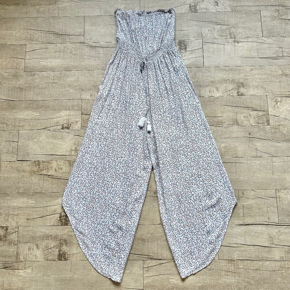 Japna Francesca's Collection Animal Print White Strapless Wide Leg Jumpsuit L